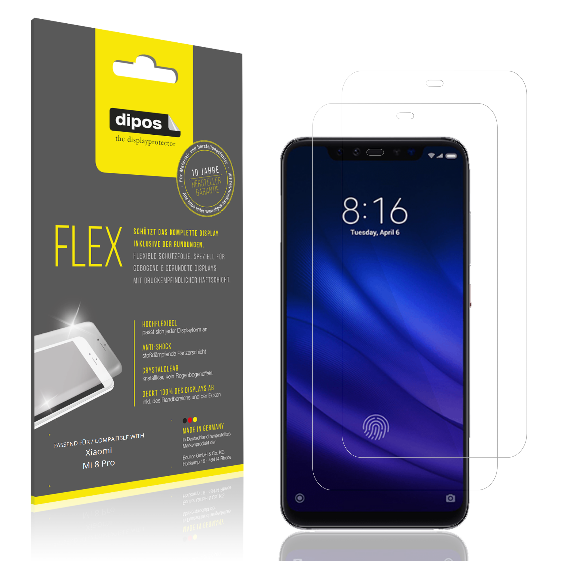 Klare Displayschutzfolie von dipos passend für Xiaomi Mi 8 Pro, 100% Displayabdeckung und blasenfreie Montage