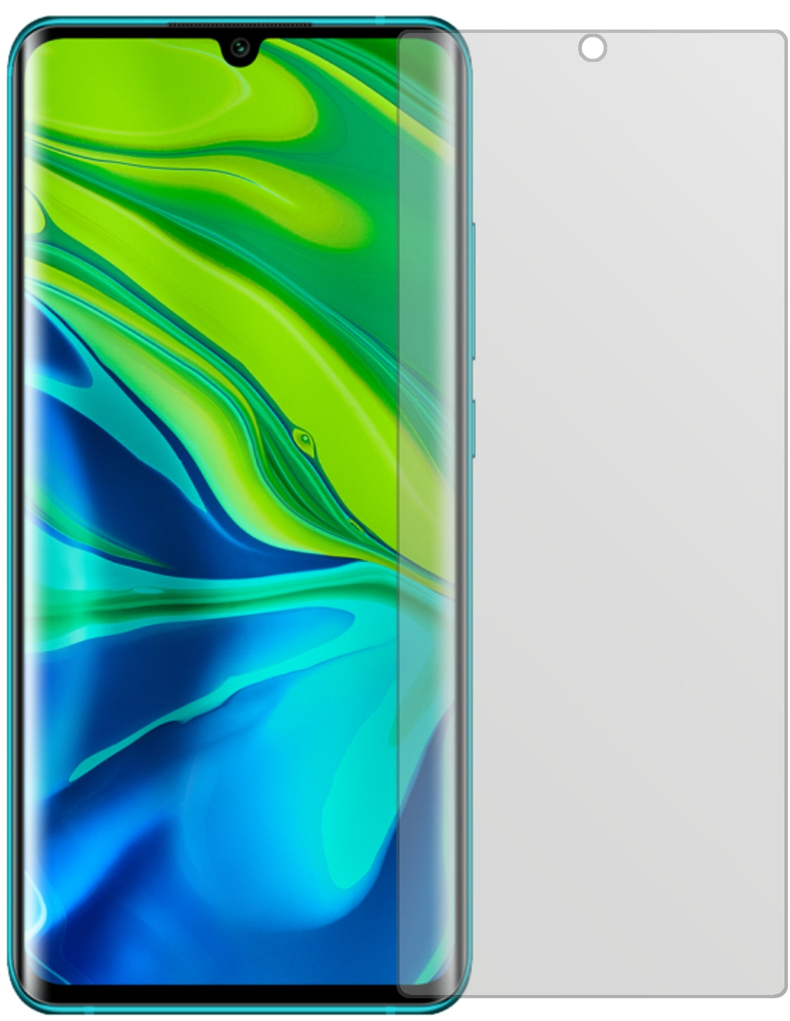 XiaomiMi Note 10 Pro mit aufgebrachter dipos Displayschutzfolie, die lästige Fingerabdrücke minimiert