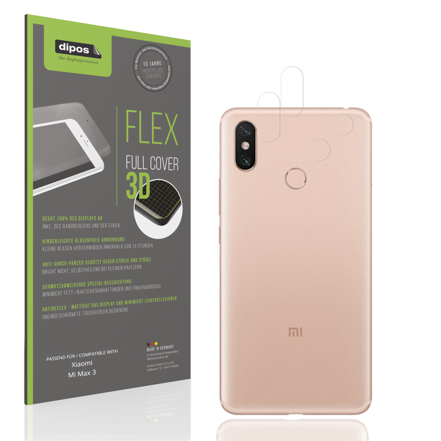 Matte Displayschutzfolie von dipos passend für xiaomimi max 3 rückseite, 100% Displayabdeckung und blasenfreie Montage