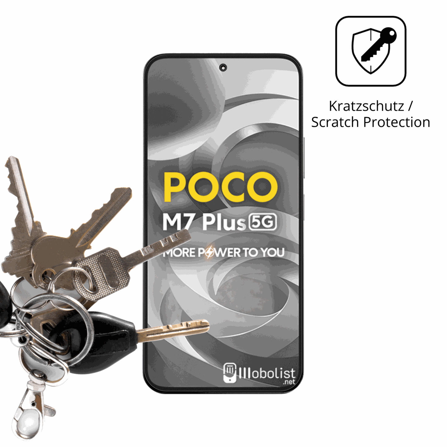 Schutz gegen Kratzer auf dem Xiaomi Poco M7 Plus 5G Glas durch Schlüssel oder Ähnliches
