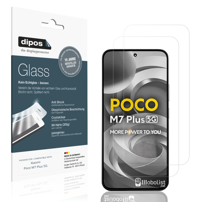 Klare Displayschutzfolie von dipos passend für Xiaomi Poco M7 Plus 5G, 9H kratzfest und blasenfrei montiert