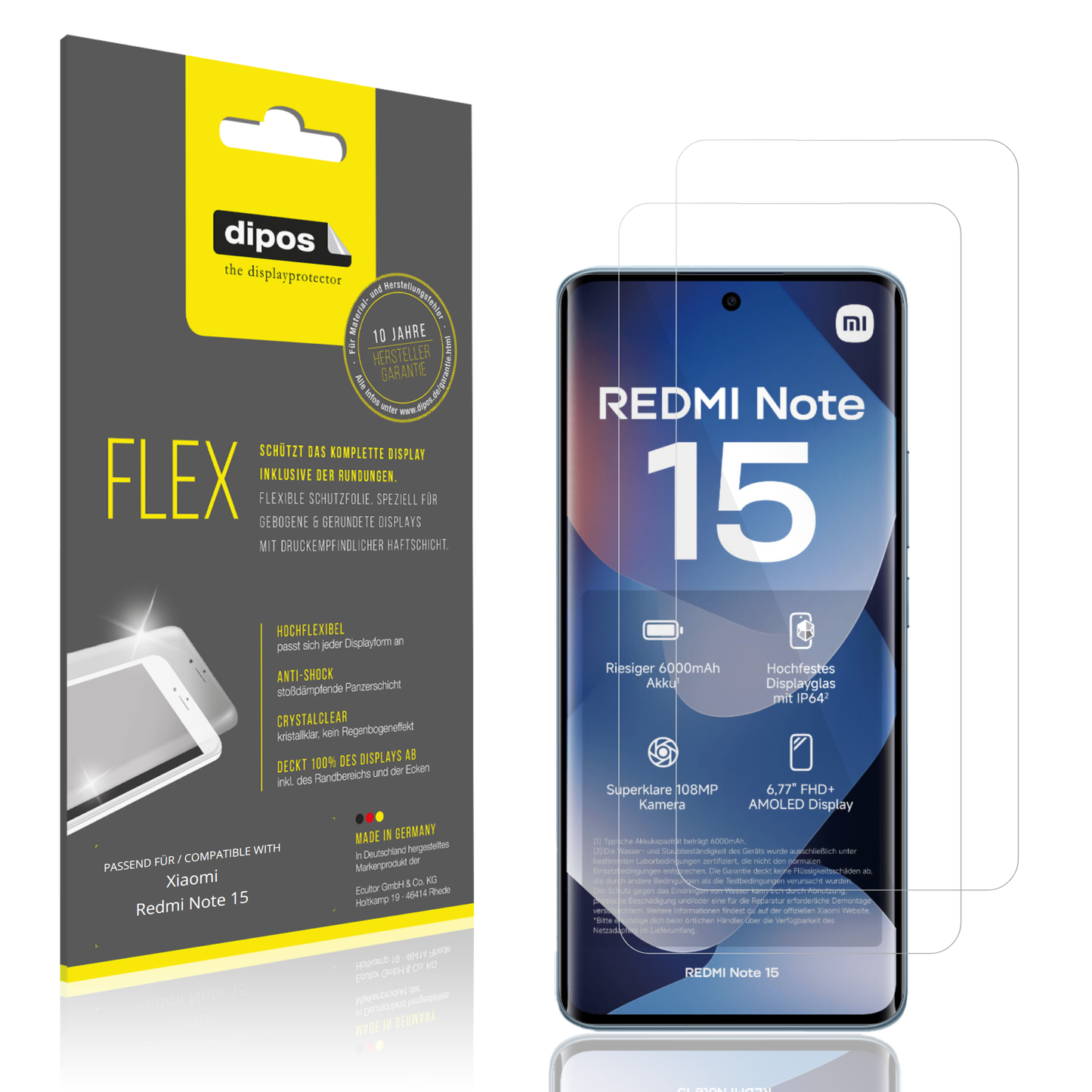 Klare Displayschutzfolie von dipos passend für Xiaomi Redmi Note 15, 100% Displayabdeckung und blasenfreie Montage