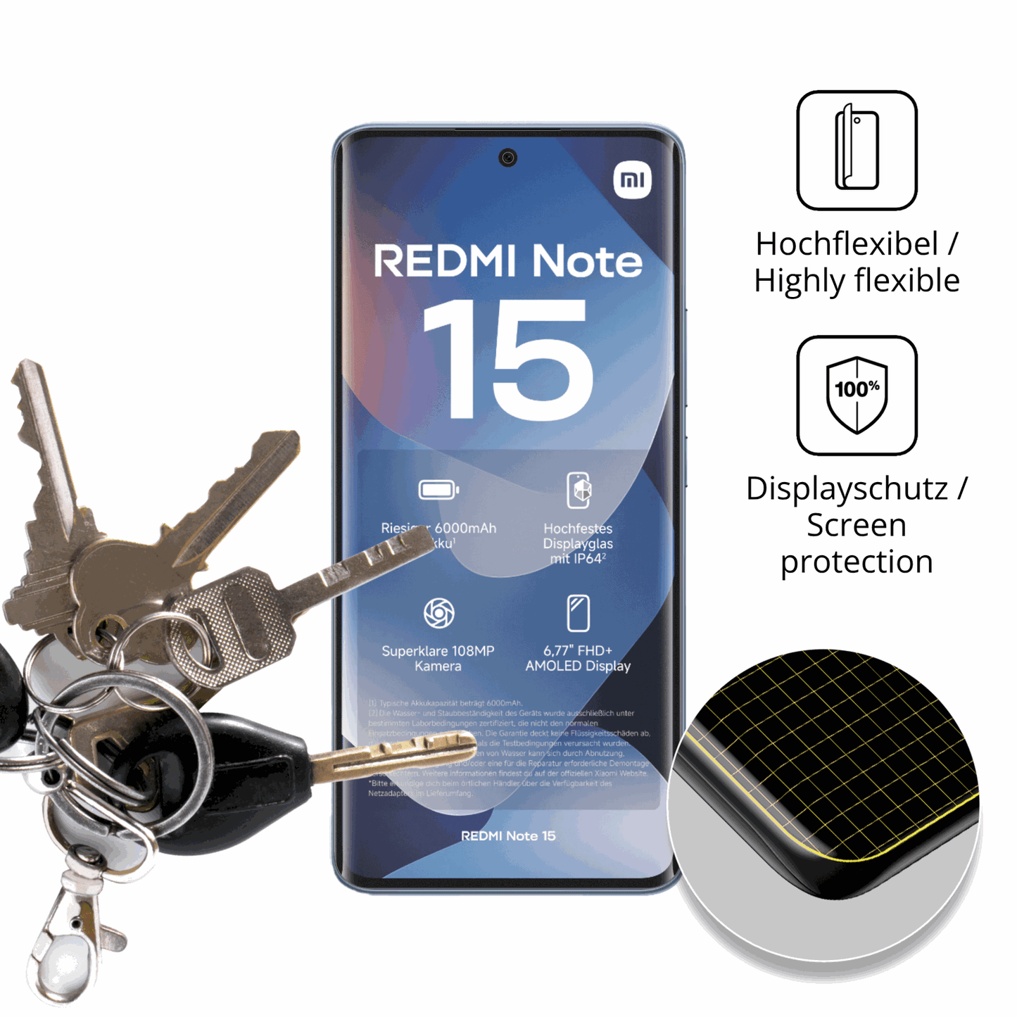 dipos Displayschutz für Xiaomi Redmi note 15 4g, transparente Oberfläche, perfekte Passform auch für die Rundungen