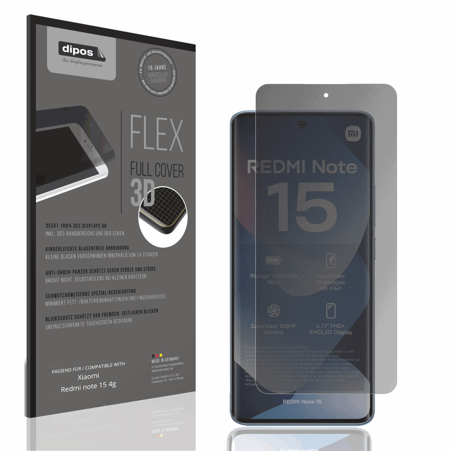 Blickschutzfolie von dipos passend für Xiaomi Redmi note 15 4g, 100% Displayabdeckung und blasenfreie Montage