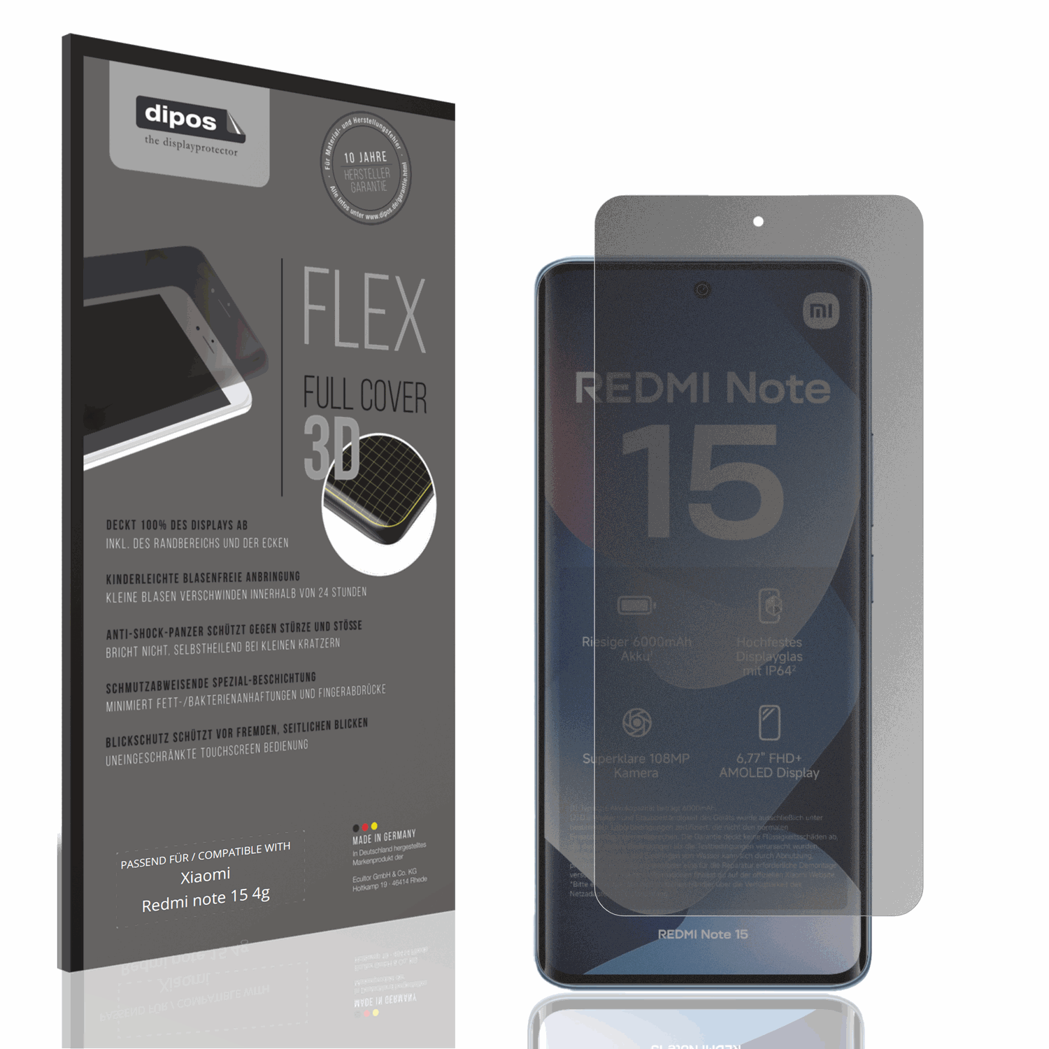 Blickschutzfolie von dipos passend für Xiaomi Redmi note 15 4g, 100% Displayabdeckung und blasenfreie Montage