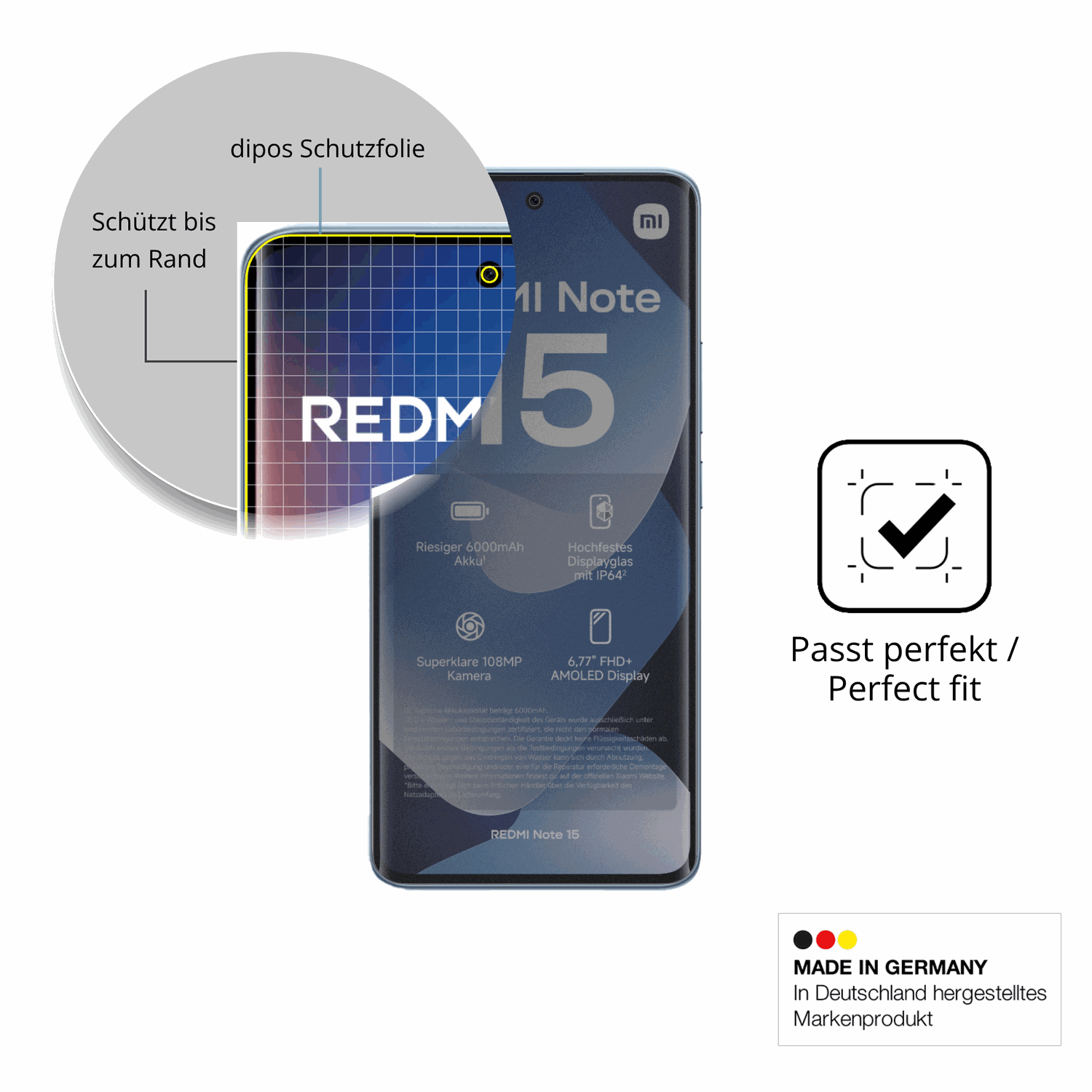 Schutz gegen Kratzer auf dem Xiaomi Redmi note 15 4g Glas durch Schlüssel, Stöße gegen die Tischkante oder Stürze