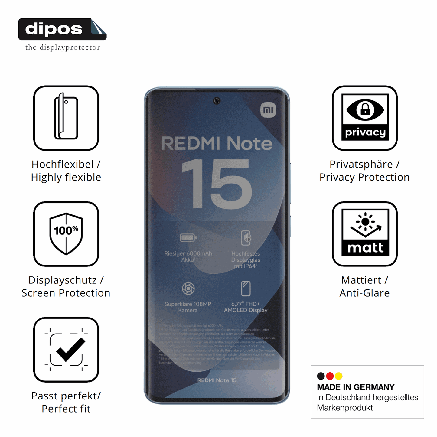 Flexible TPU-Folie passend zugeschnitten für Xiaomi Redmi note 15 4g, mit Privatsphäre-Schutz durch Sichtschutz-Folie