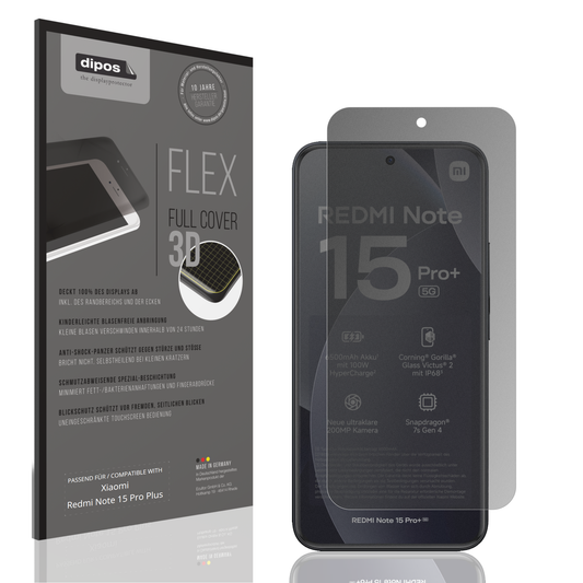 Blickschutzfolie von dipos passend für Xiaomi Redmi Note 15 Pro Plus, 100% Displayabdeckung und blasenfreie Montage
