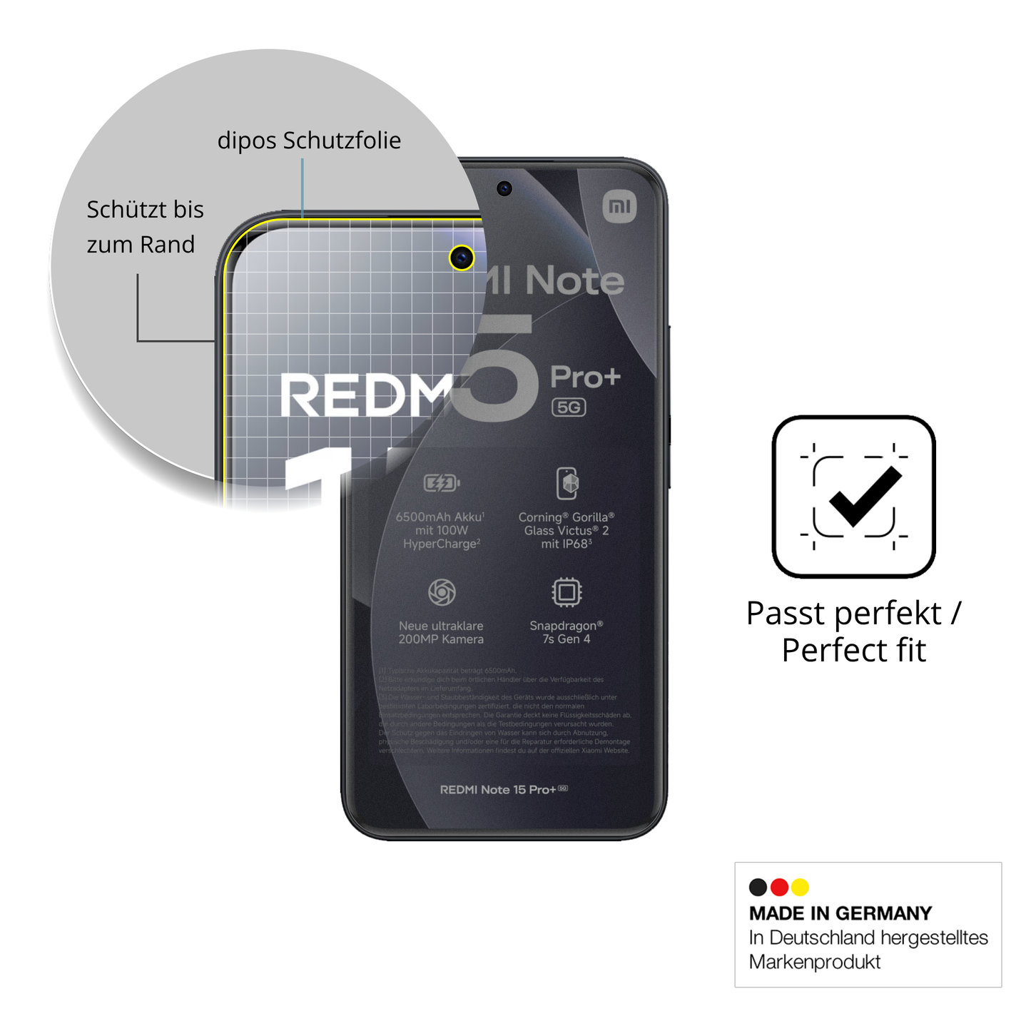 Schutz gegen Kratzer auf dem Xiaomi Redmi Note 15 Pro Plus Glas durch Schlüssel, Stöße gegen die Tischkante oder Stürze