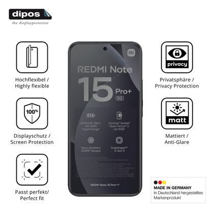 Flexible TPU-Folie passend zugeschnitten für Xiaomi Redmi Note 15 Pro Plus, mit Privatsphäre-Schutz durch Sichtschutz-Folie