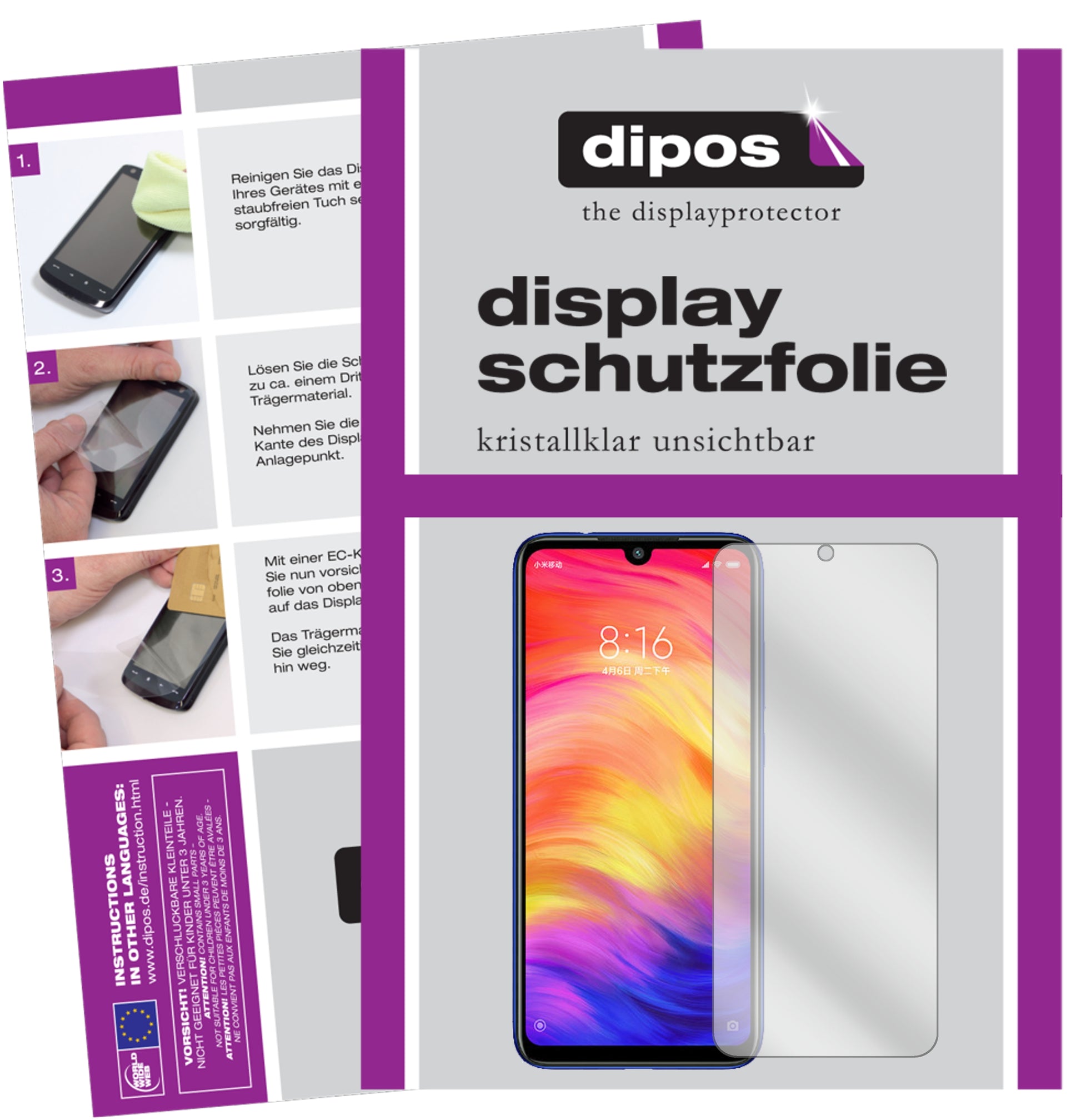 Klare Displayschutzfolie von dipos passend für Xiaomi Redmi Note 7S, präziser Zuschnitt und blasenfrei montiert