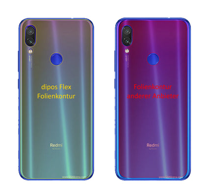 XiaomiRedmi Note 7S Rückseite mit aufgebrachter dipos Displayschutzfolie, glasklare Darstellung ohne Einschränkungen