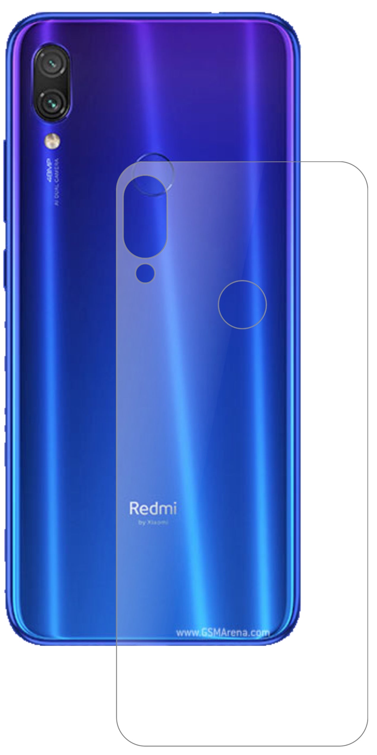 XiaomiRedmi Note 7S Rückseite mit aufgebrachter dipos Panzerfolie, die lästige Fingerabdrücke minimiert