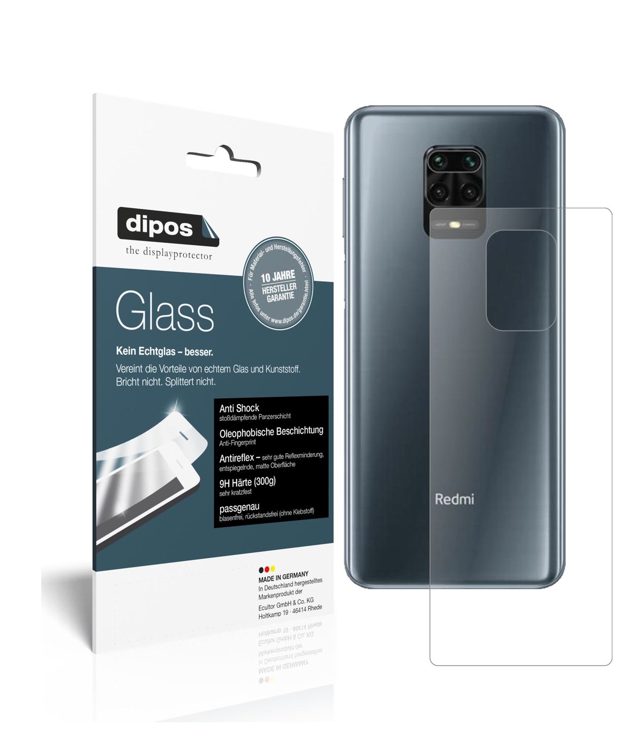 Matte Displayschutzfolie von dipos passend für Xiaomi Redmi Note 9 Pro Rückseite, 9H kratzfest und blasenfrei montiert