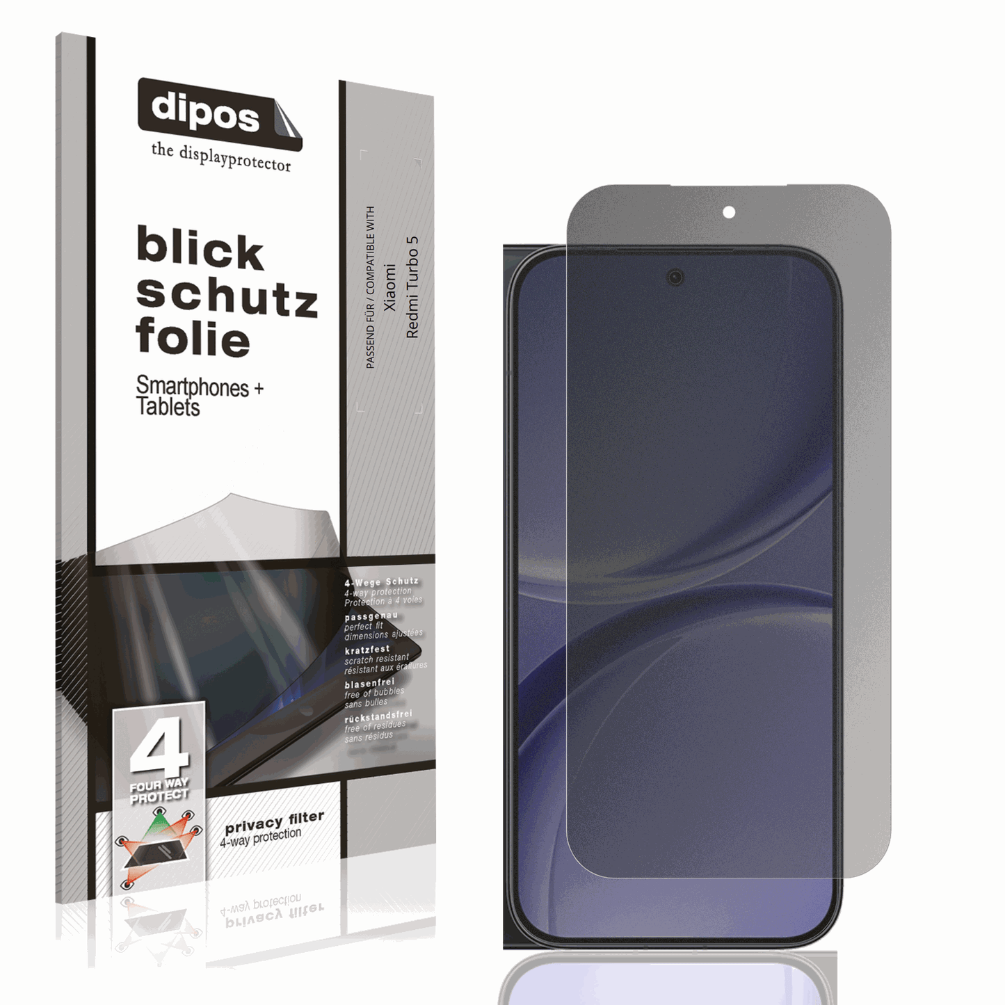 Blickschutzfolie von dipos passend für Xiaomi Redmi Turbo 5, präziser Zuschnitt und blasenfrei montiert