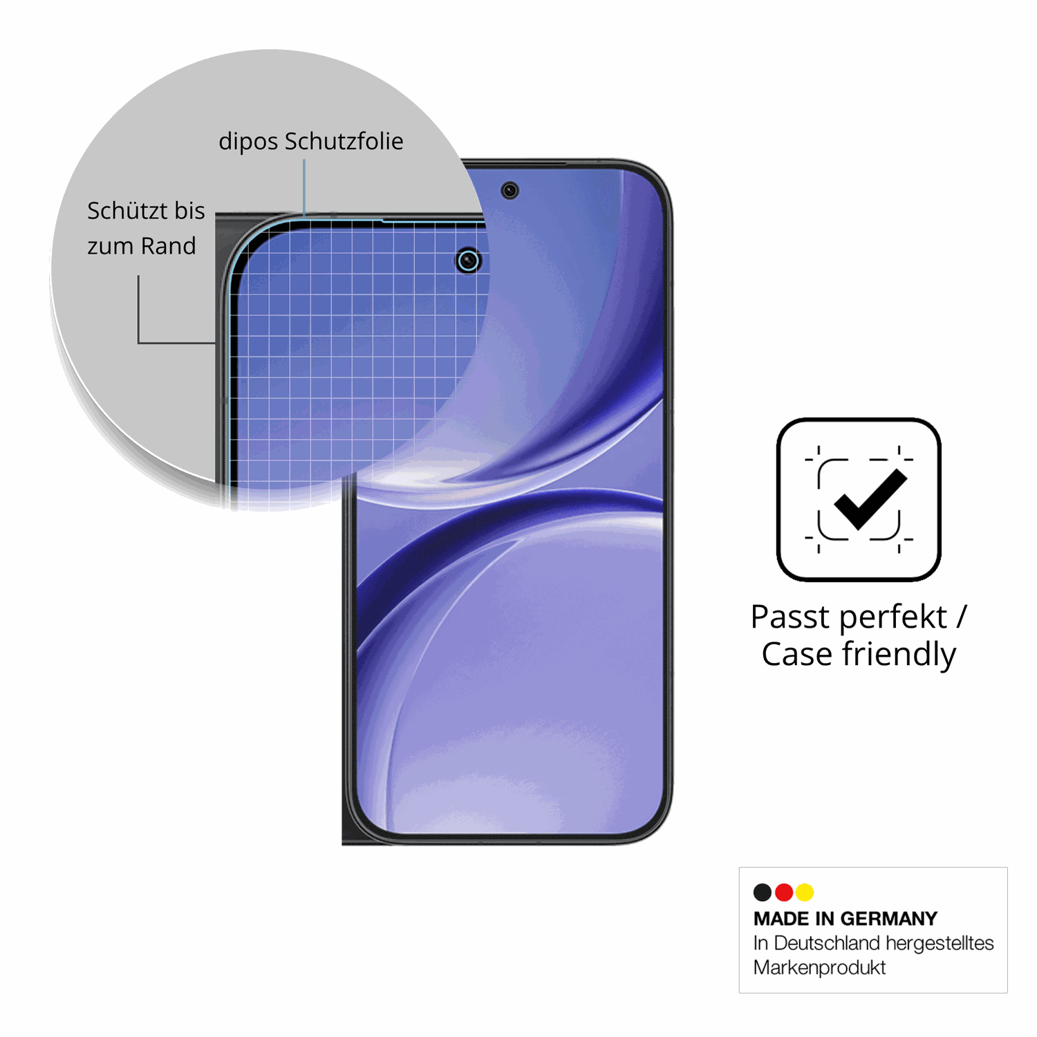 Schutzglasfolie mit optimaler Passform, zur Verwendung mit Hüllen geeignet