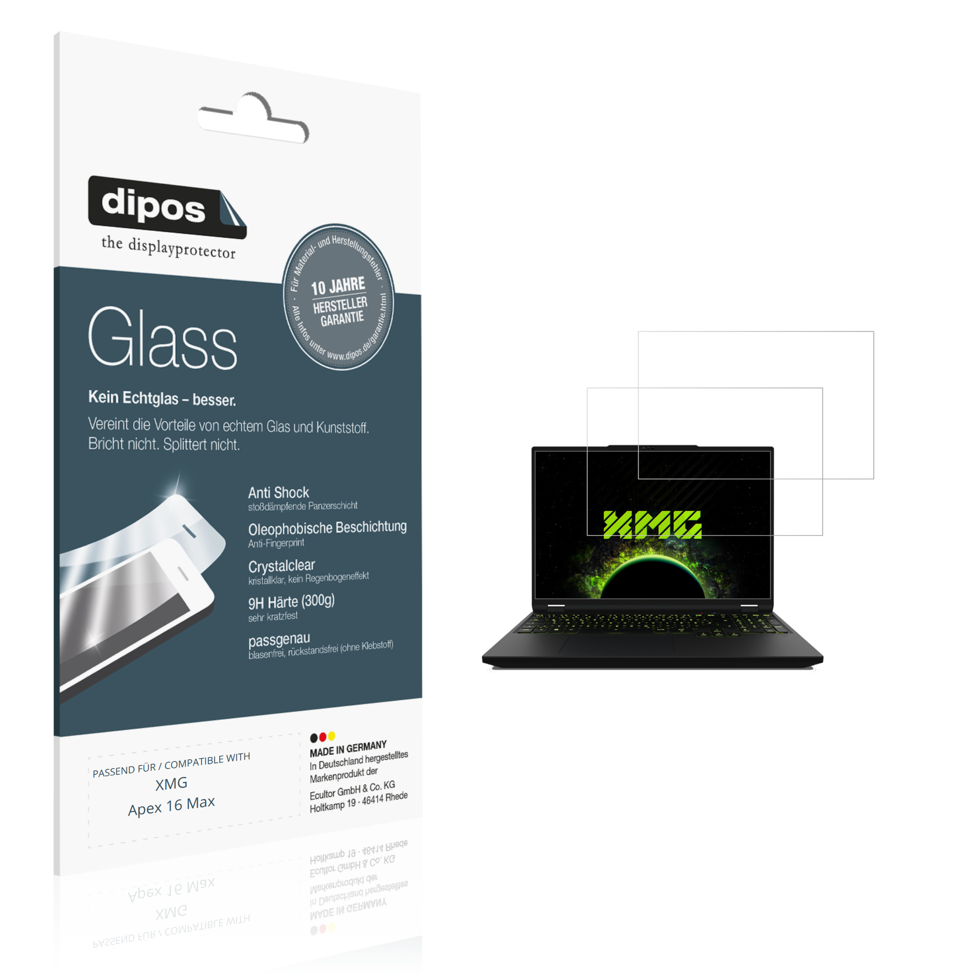 Klare Displayschutzfolie von dipos passend für XMG Apex 16 Max, 9H kratzfest und blasenfrei montiert