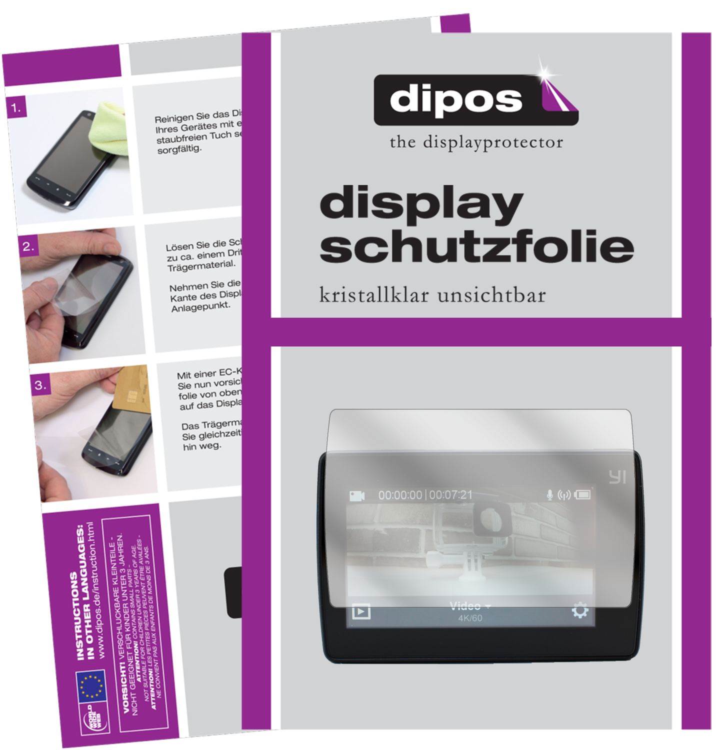 Klare Displayschutzfolie von dipos passend für YI 4K Plus, präziser Zuschnitt und blasenfrei montiert