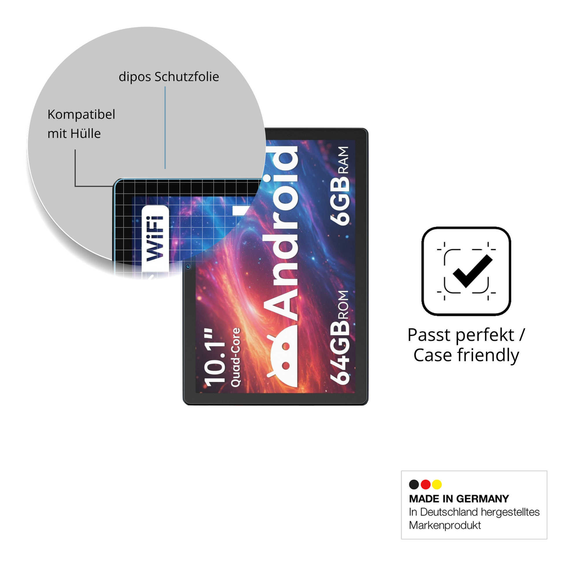 Schutzfolie mit optimaler Passform, zur Verwendung mit Hüllen geeignet