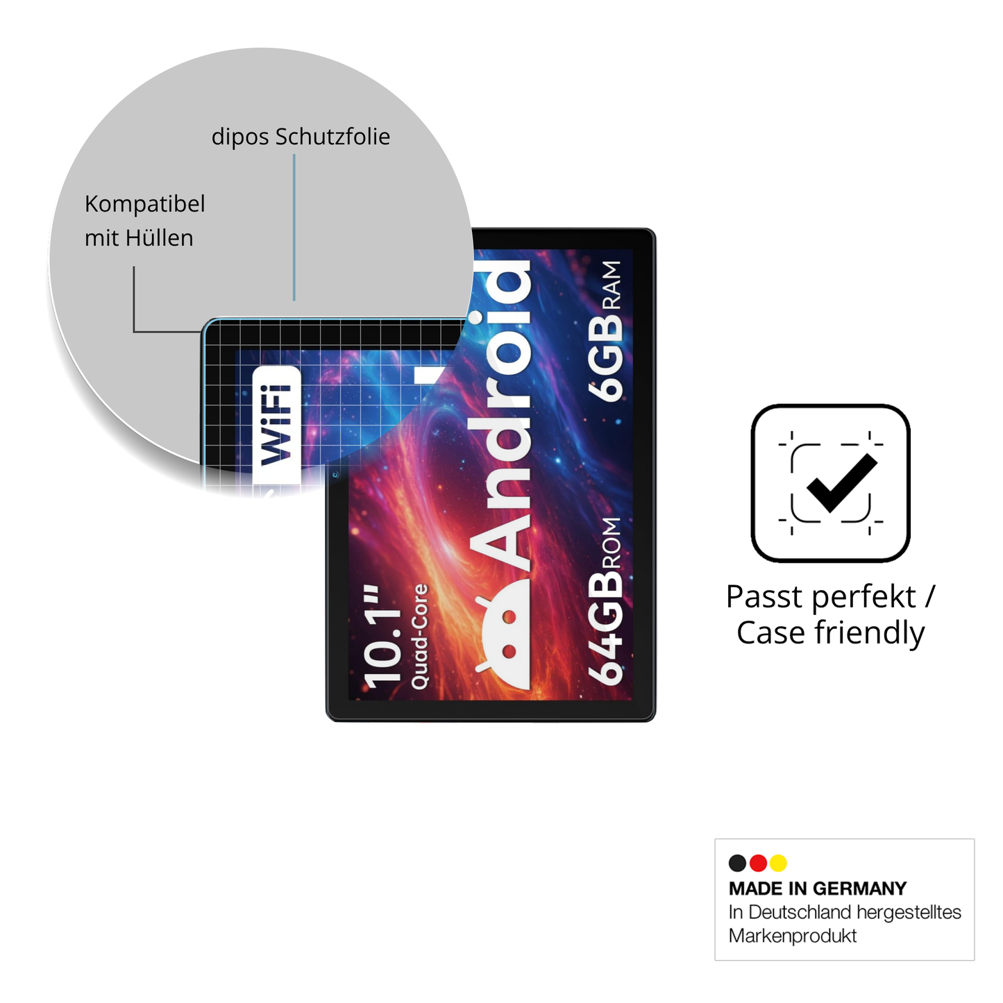 Schutzfolie mit optimaler Passform, zur Verwendung mit Hüllen geeignet