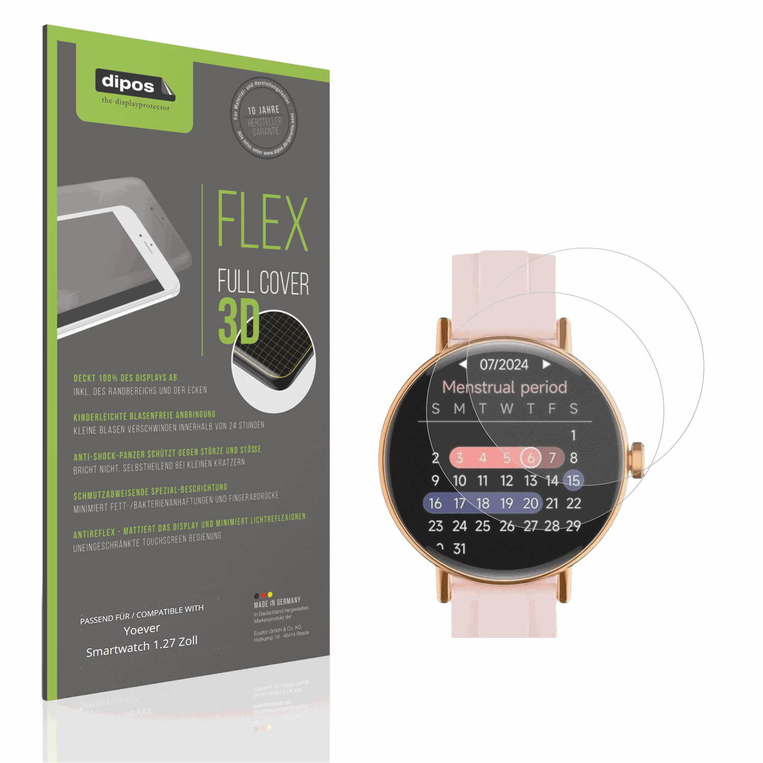 Matte Displayschutzfolie von dipos passend für Yoever Smartwatch 1.27 Zoll, 100% Displayabdeckung und blasenfreie Montage