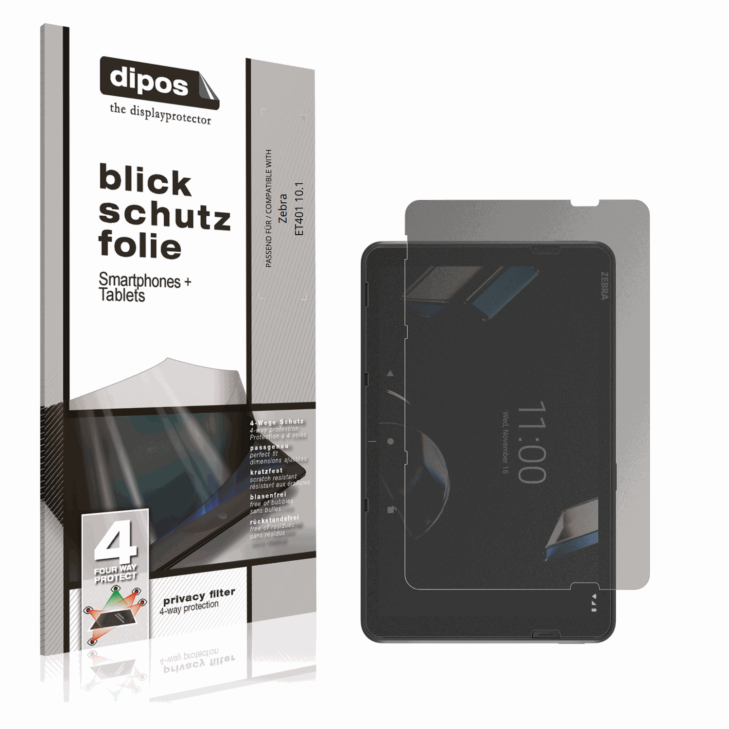 Blickschutzfolie von dipos passend für Zebra ET401 10.1, präziser Zuschnitt und blasenfrei montiert