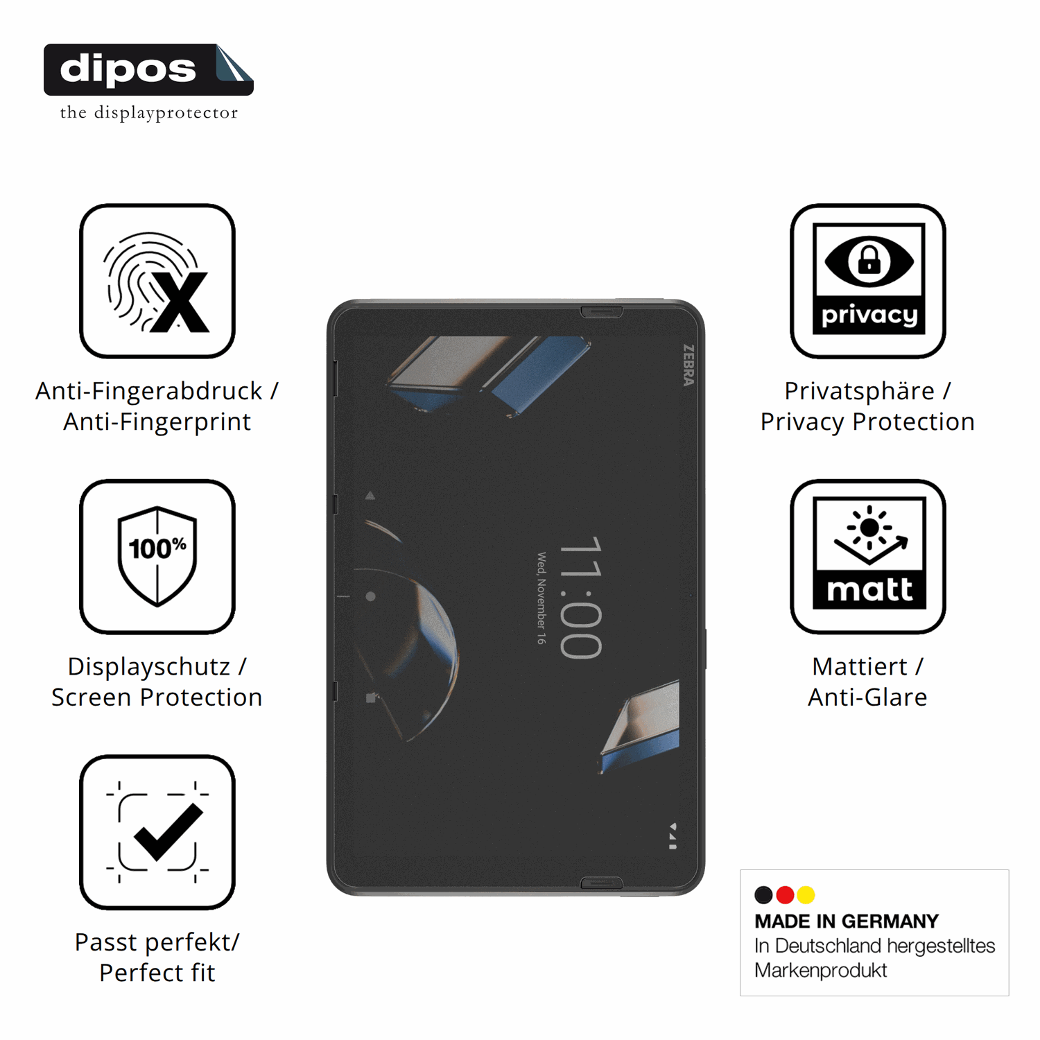 Privatsphäre-Schutz durch Sichtschutz-Folie passend zugeschnitten für Zebra ET401 10.1