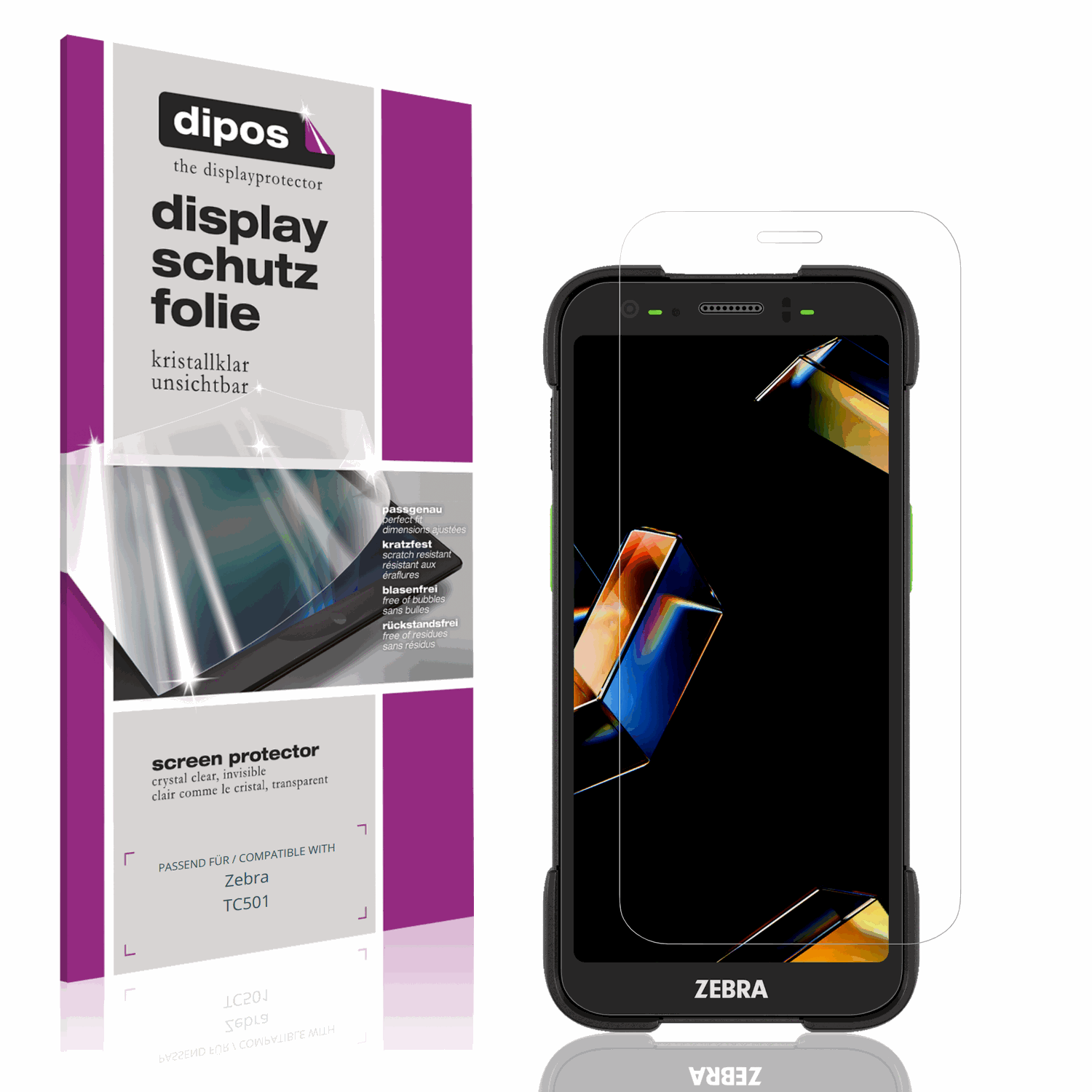Klare Displayschutzfolie von dipos passend für Zebra TC501, präziser Zuschnitt und blasenfrei montiert