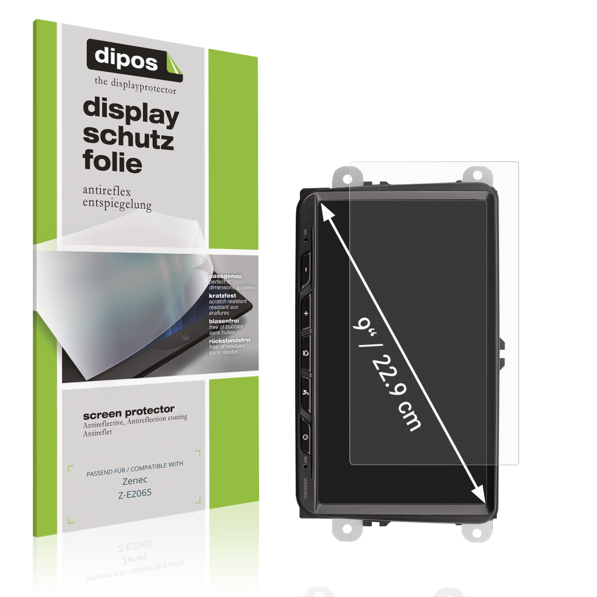 Matte Displayschutzfolie von dipos passend für Zenec Z-E2065, präziser Zuschnitt und blasenfrei montiert