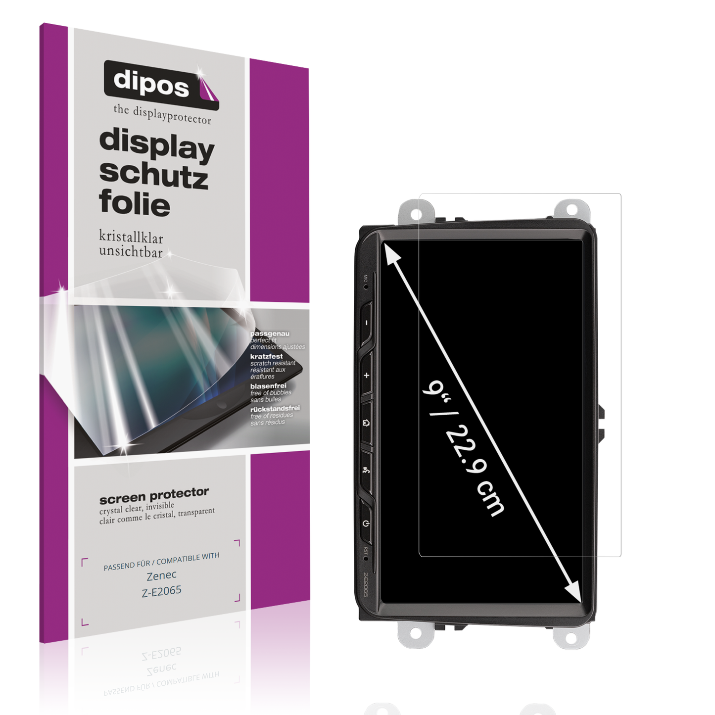 Klare Displayschutzfolie von dipos passend für Zenec Z-E2065, präziser Zuschnitt und blasenfrei montiert