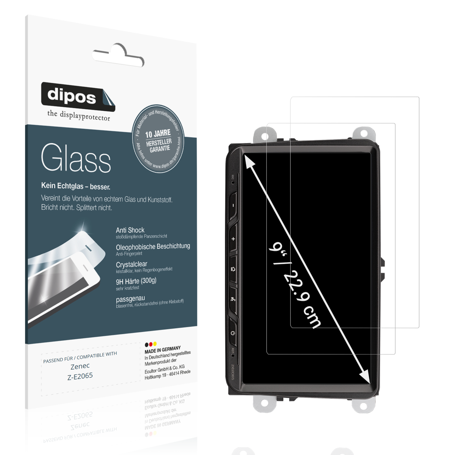 Klare Displayschutzfolie von dipos passend für Zenec Z-E2065, 9H kratzfest und blasenfrei montiert