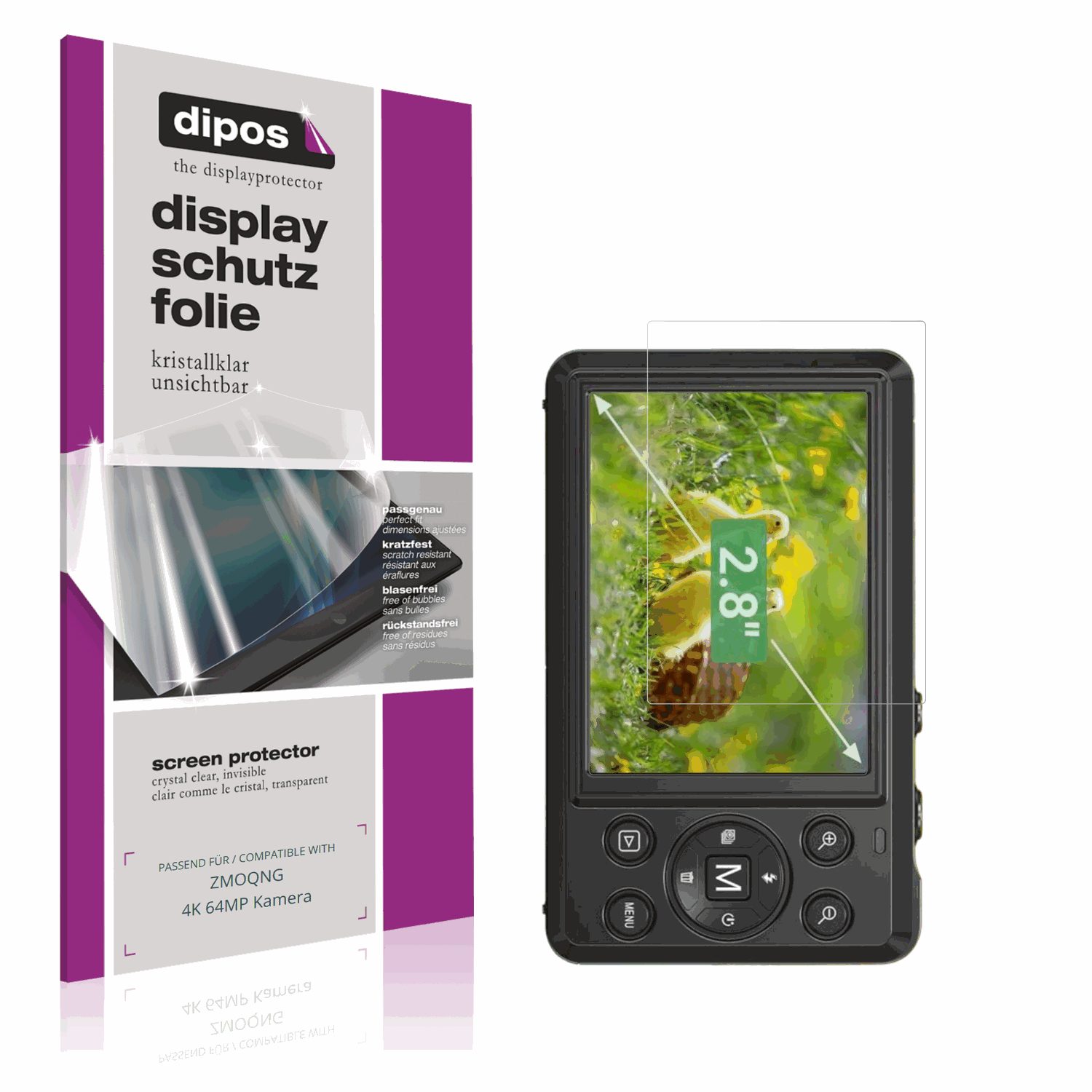 Klare Displayschutzfolie von dipos passend für ZMOQNG 4K 64MP Kamera, präziser Zuschnitt und blasenfrei montiert