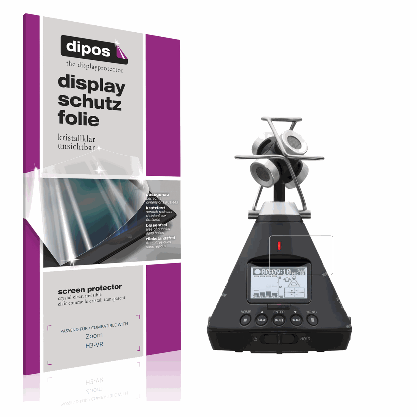 Klare Displayschutzfolie von dipos passend für Zoom H3-VR, präziser Zuschnitt und blasenfrei montiert