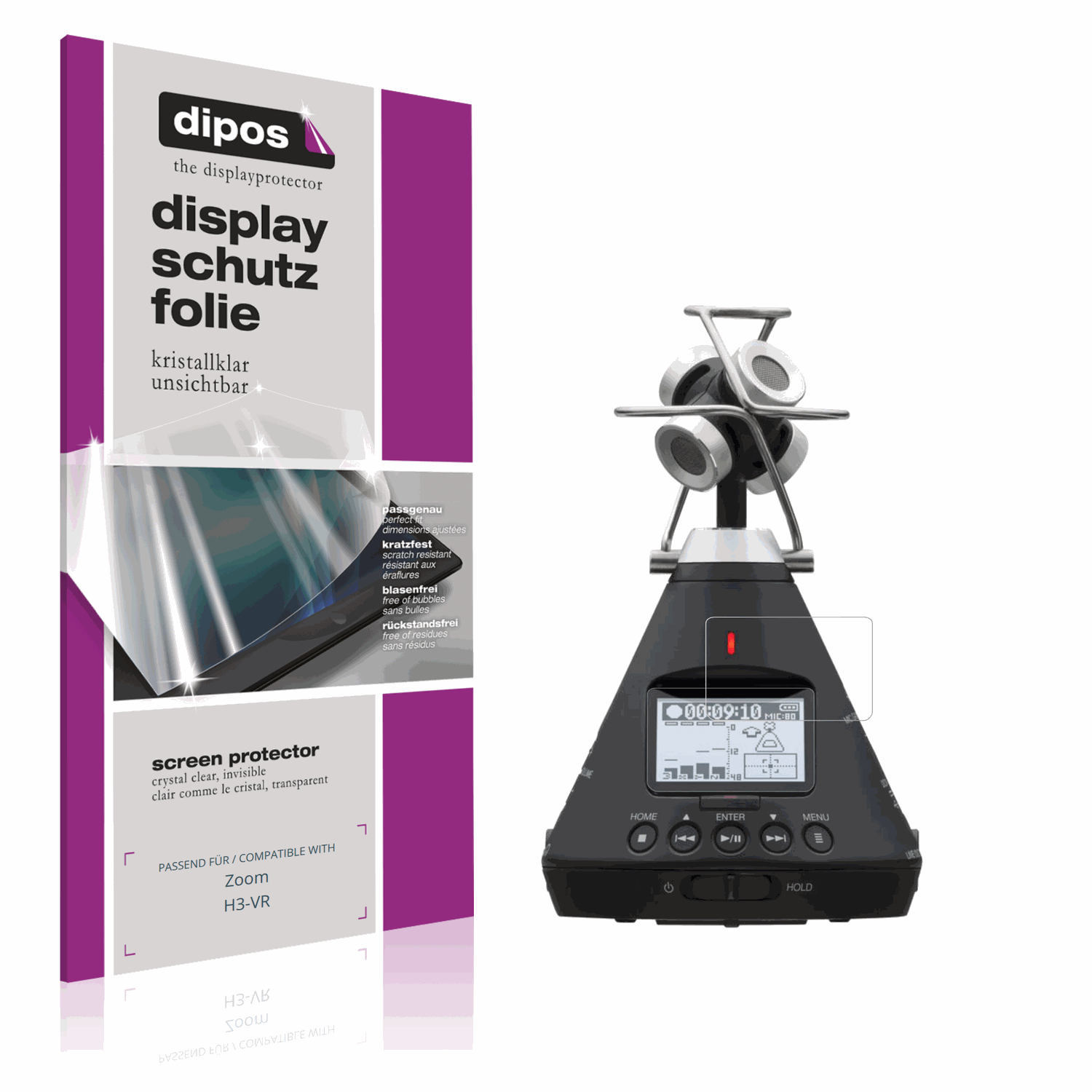 Klare Displayschutzfolie von dipos passend für Zoom H3-VR, präziser Zuschnitt und blasenfrei montiert