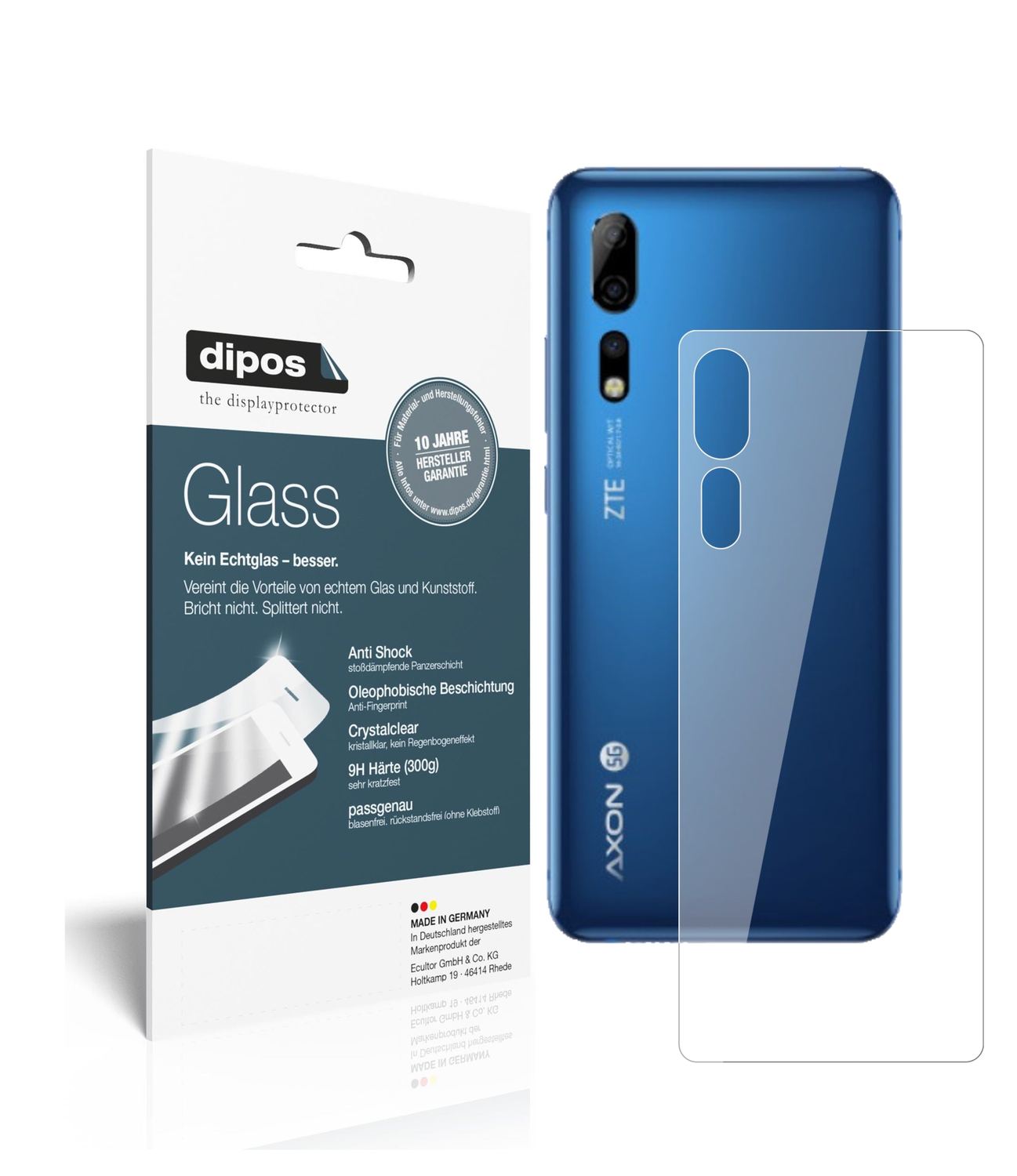 Klare Displayschutzfolie von dipos passend für ZTE Axon 10s Pro 5G Rückseite, 9H kratzfest und blasenfrei montiert