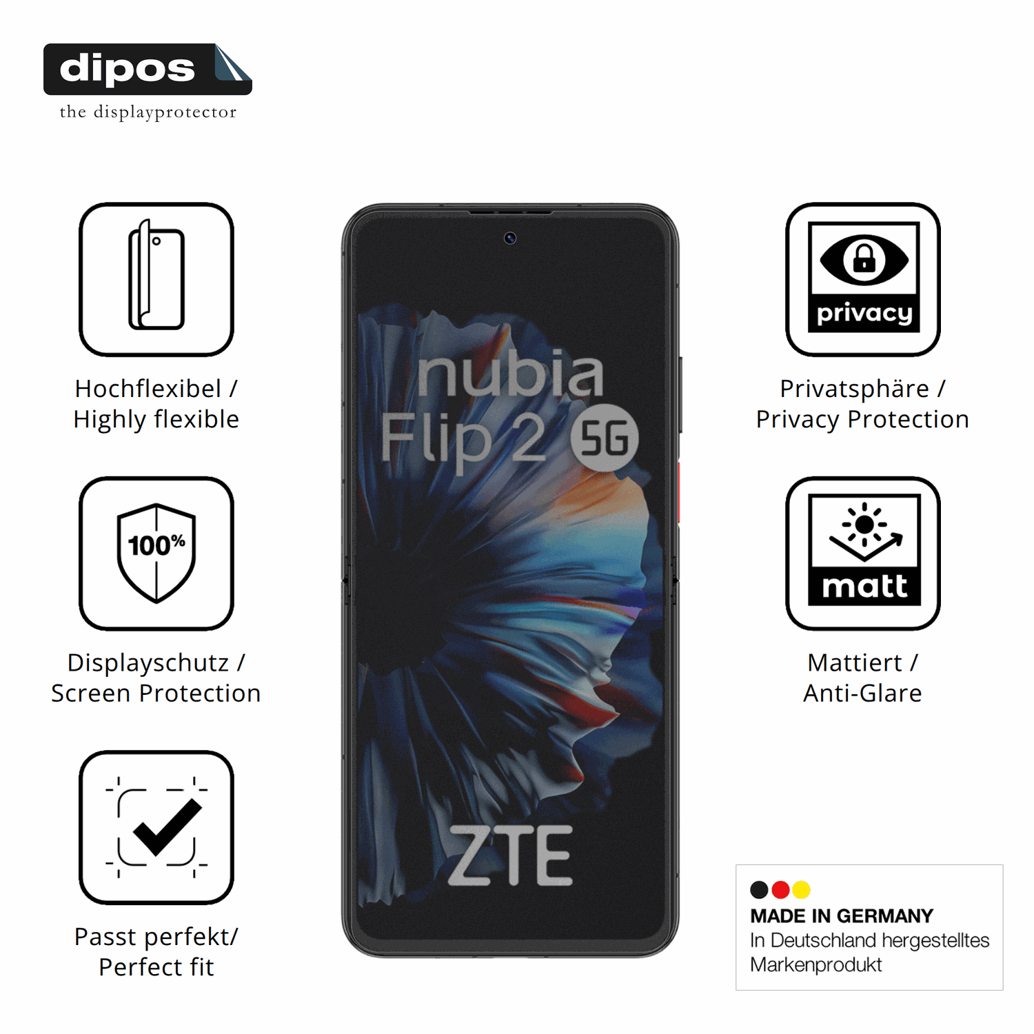 Flexible TPU-Folie passend zugeschnitten für ZTE Nubia Flip 2 5G, mit Privatsphäre-Schutz durch Sichtschutz-Folie